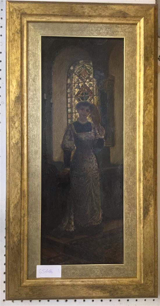 Charles Frederick Lowcock (1878-1922) Woman standing in a church interior, 18.5 x 7in.